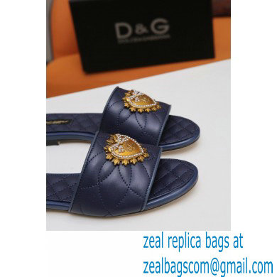 Dolce  &  Gabbana Leather Sliders Blue with Devotion Heart 2021